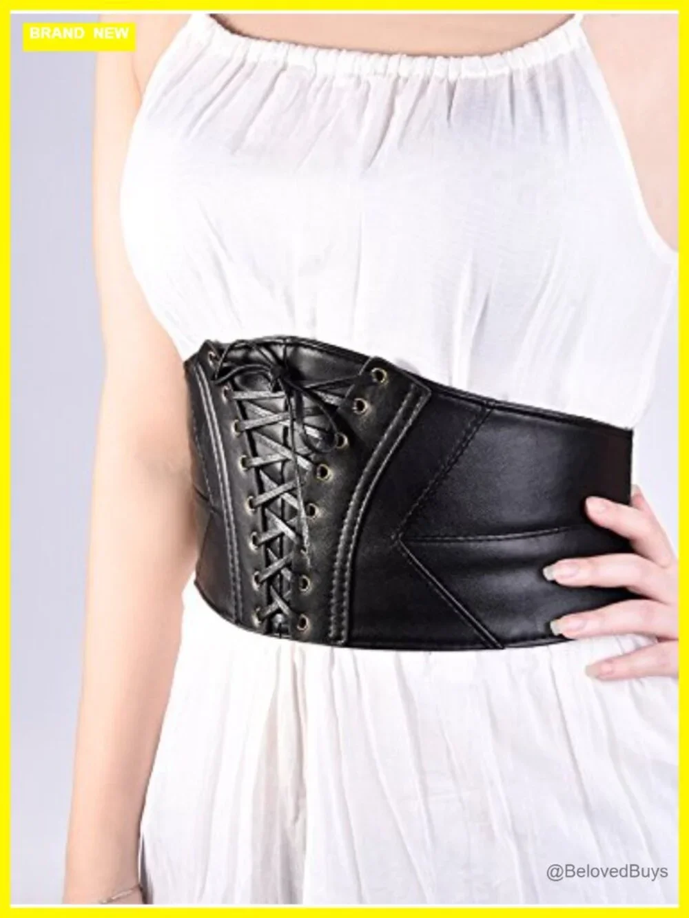 Wide Elastic Leather Corset Waist Belt with Metal Rings for Cosplay
